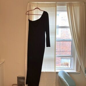 One shoulder, floor length, black formal dress